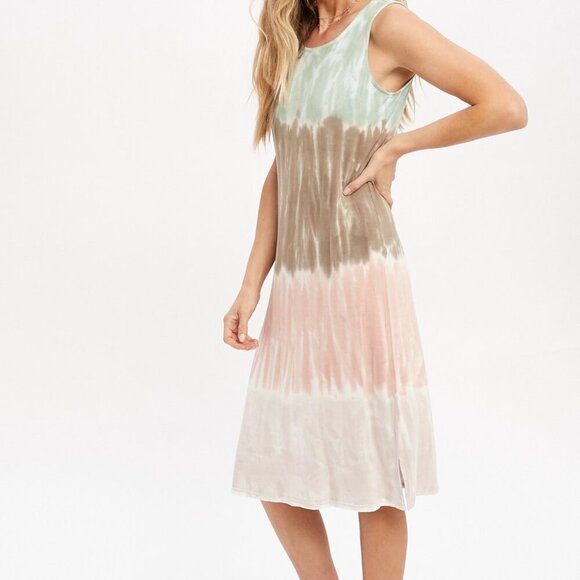 MYSTREE Sleeveless Tie Dye Maxi Dress – Boho Summer Tank Dress in Green Brown Pi - Picture 5 of 8